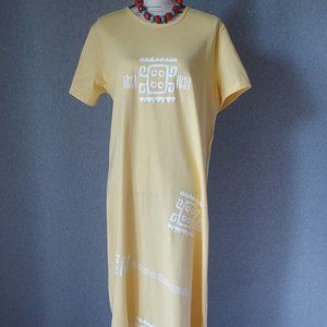 Super Line Tribal Printed Maxi Tunic Shift Dress Short Sleeve Yellow Made in USA